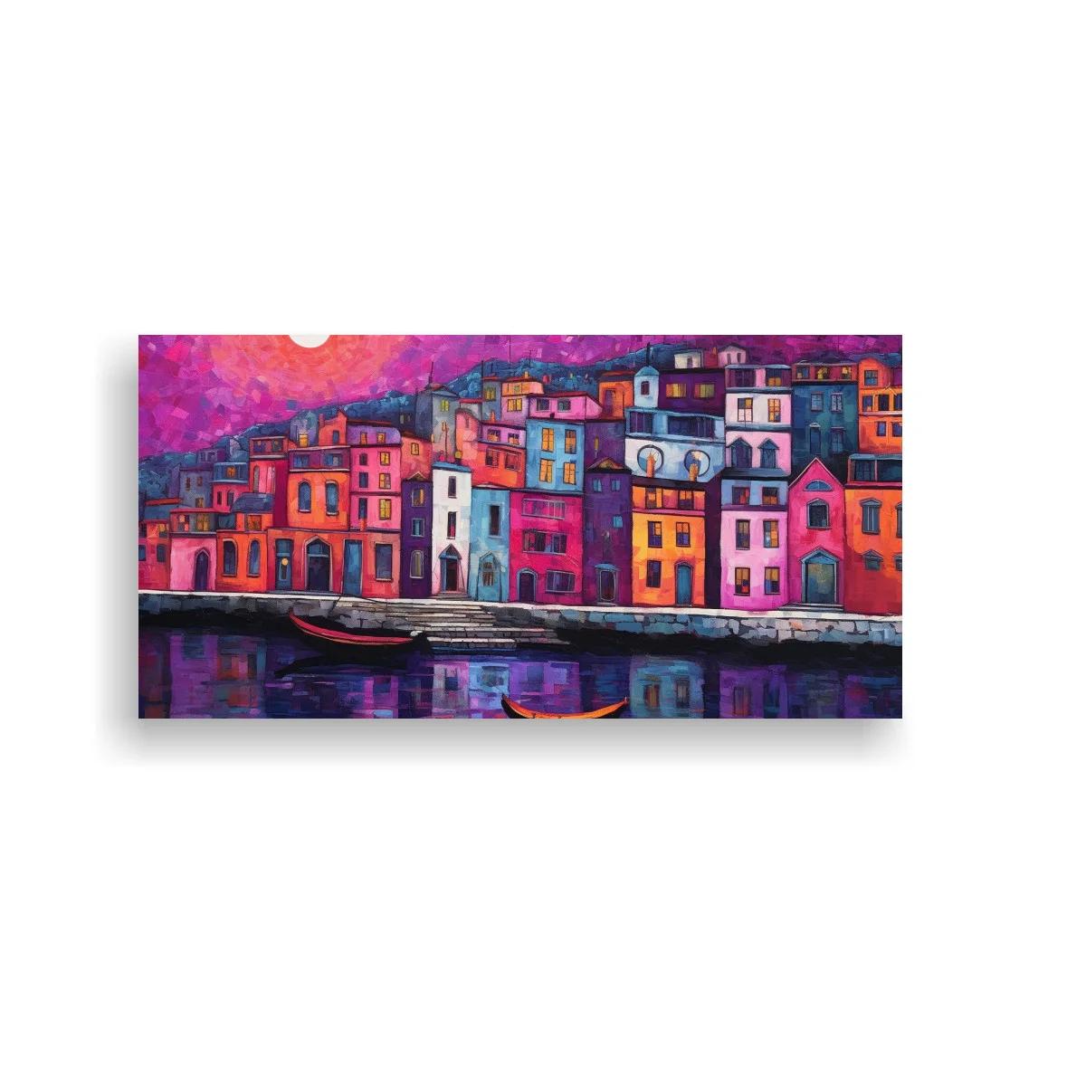 Cuadro pueblo costero colorido con reflejos en el agua