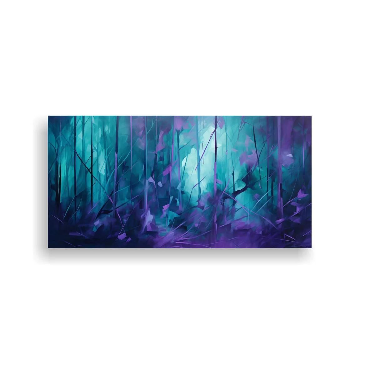 Cuadro bosque de árboles delgados en azul turquesa y violeta