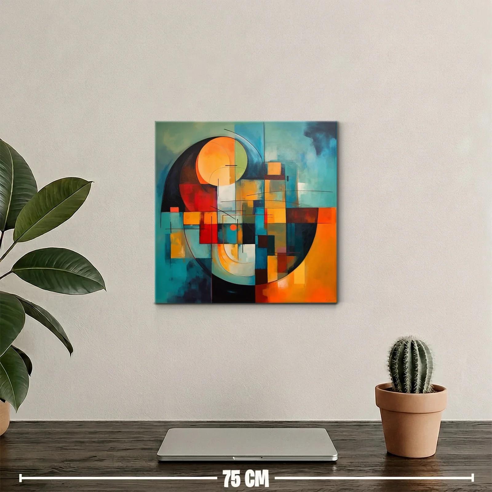 Cuadro abstracto con formas geométricas en tonos cálidos y fríos — miniatura 2