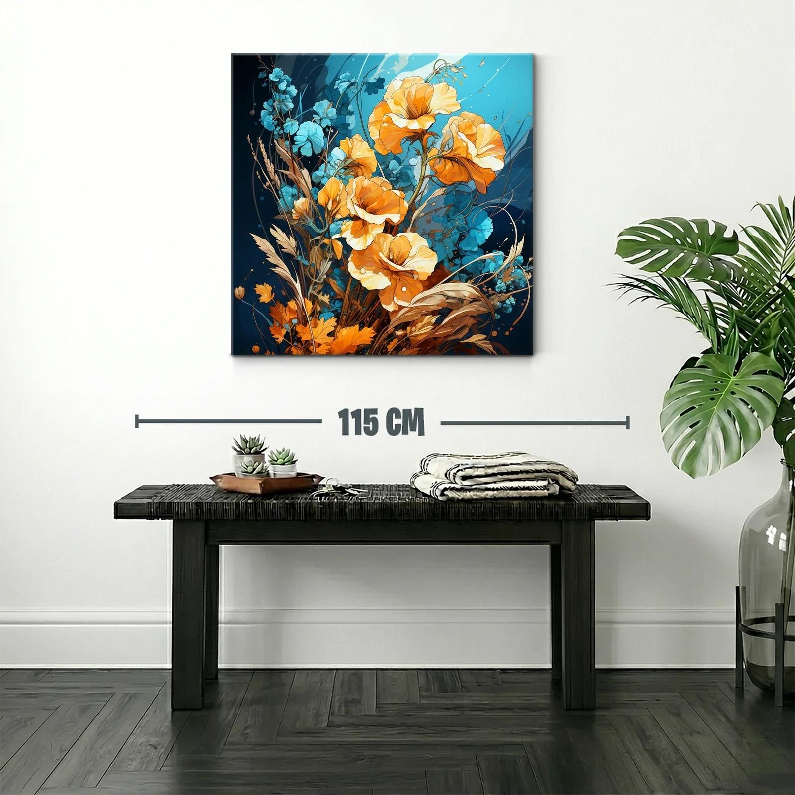Cuadro con flores vibrantes en tonos naranjas y azules — miniatura 2