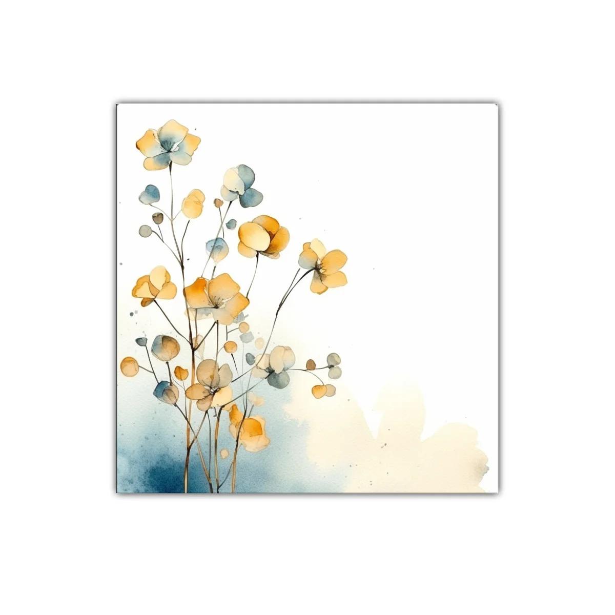 Cuadro decorativo flores en tonos cálidos y azules suaves
