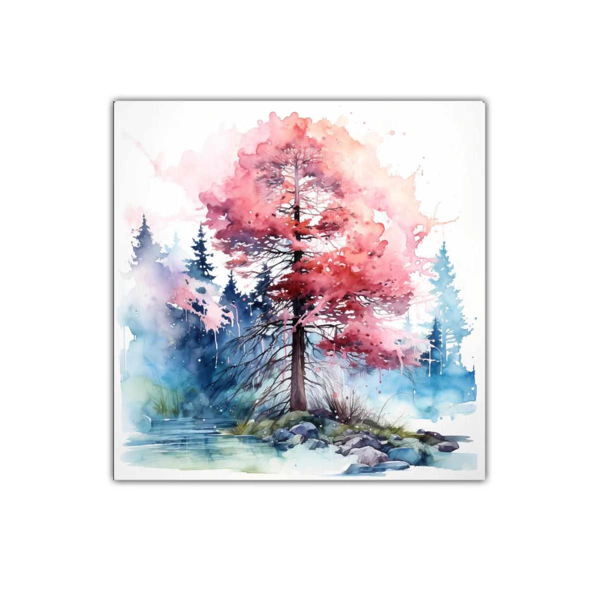 Árbol en otoño con hojas rosas y fondo de bosque azul — imagen principal