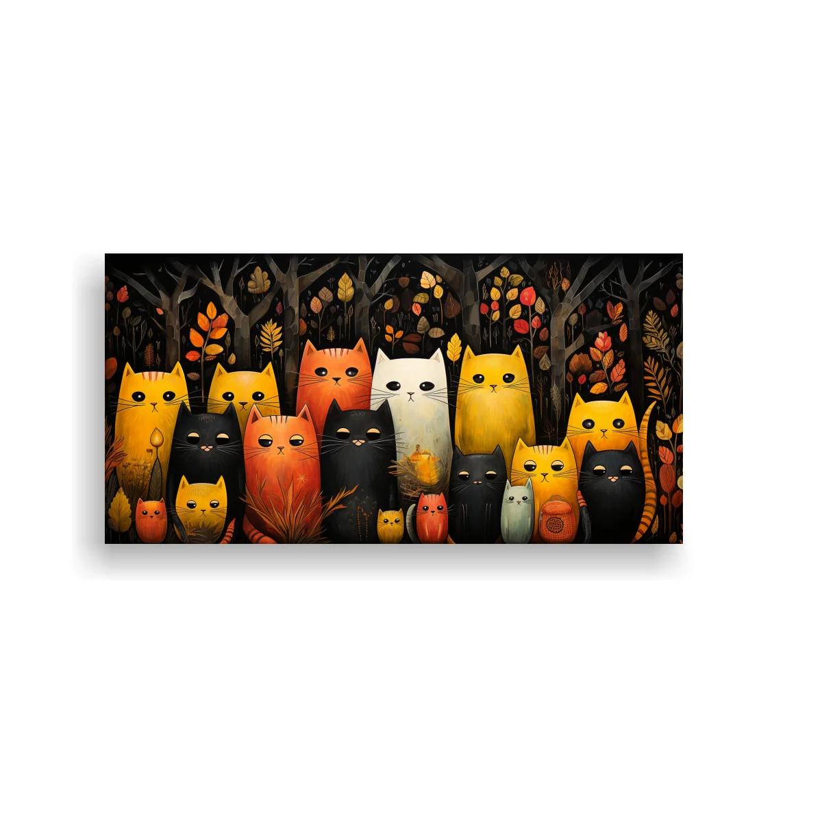 Cuadro grupo de gatos entre árboles otoñales