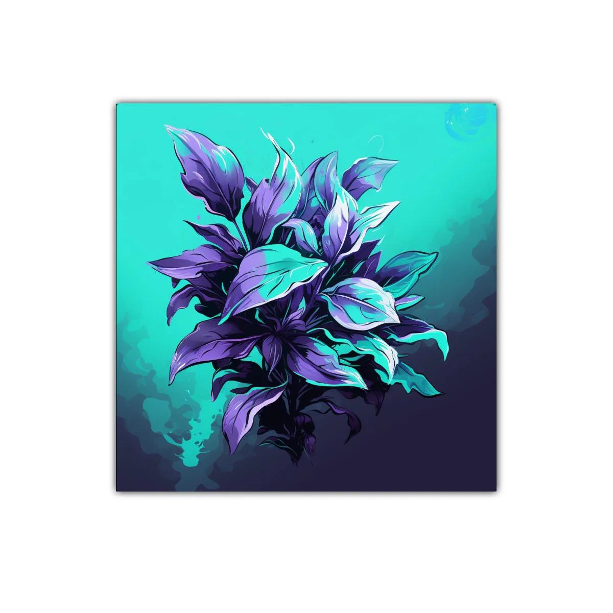 Cuadro decorativo con hojas moradas y turquesas vibrantes — imagen principal