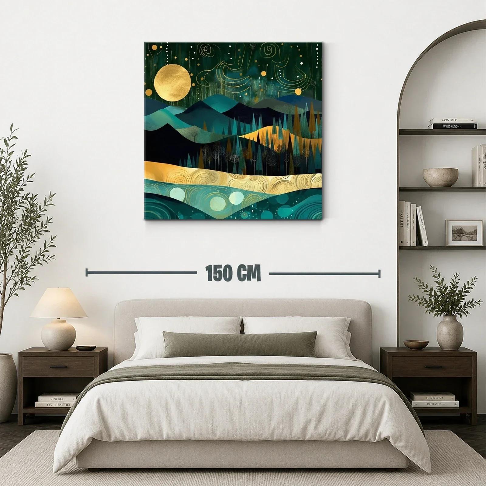 Paisaje nocturno con luna dorada y montañas estilizadas — miniatura 3
