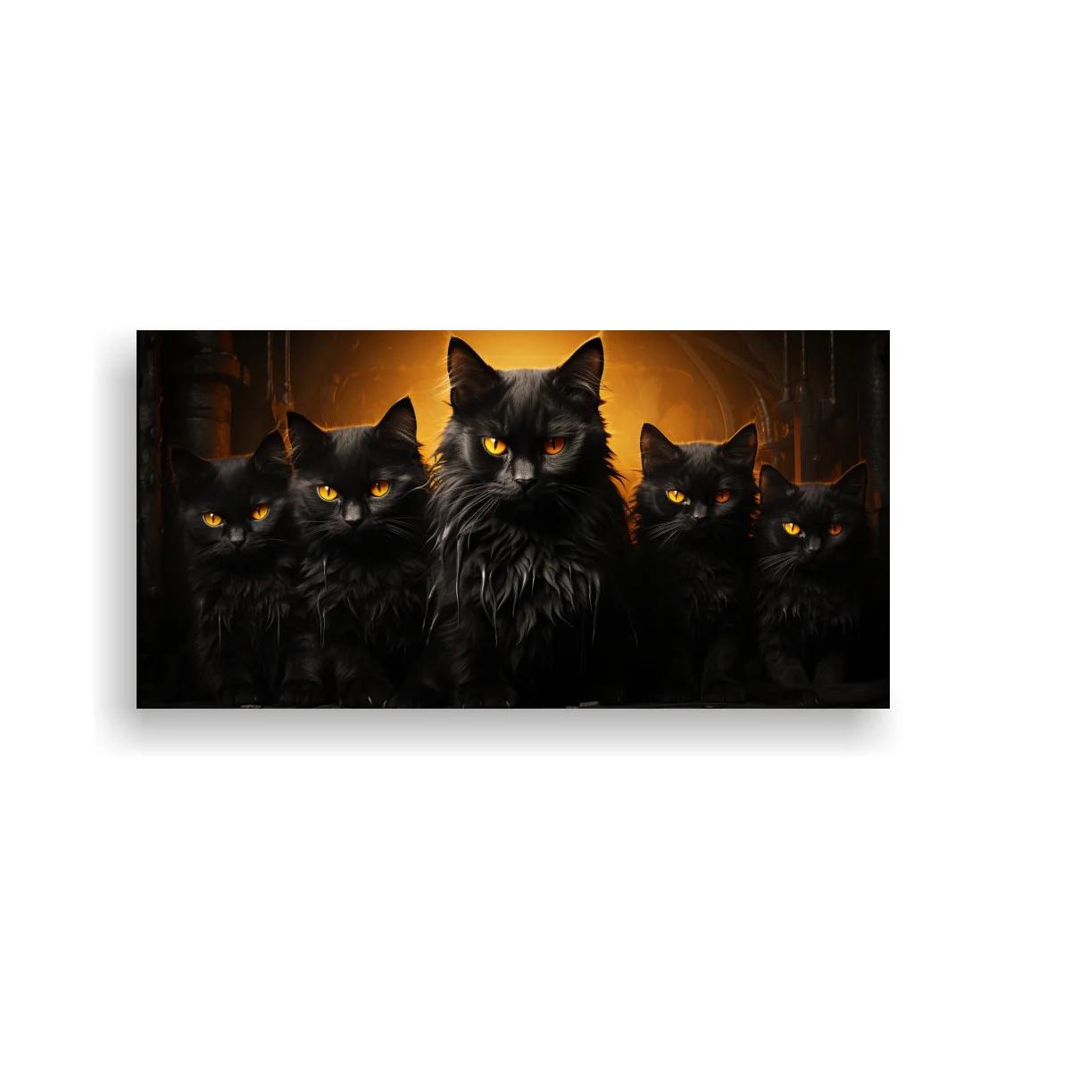 Cuadro grupo de gatos negros con ojos amarillos y fondo cálido — imagen principal