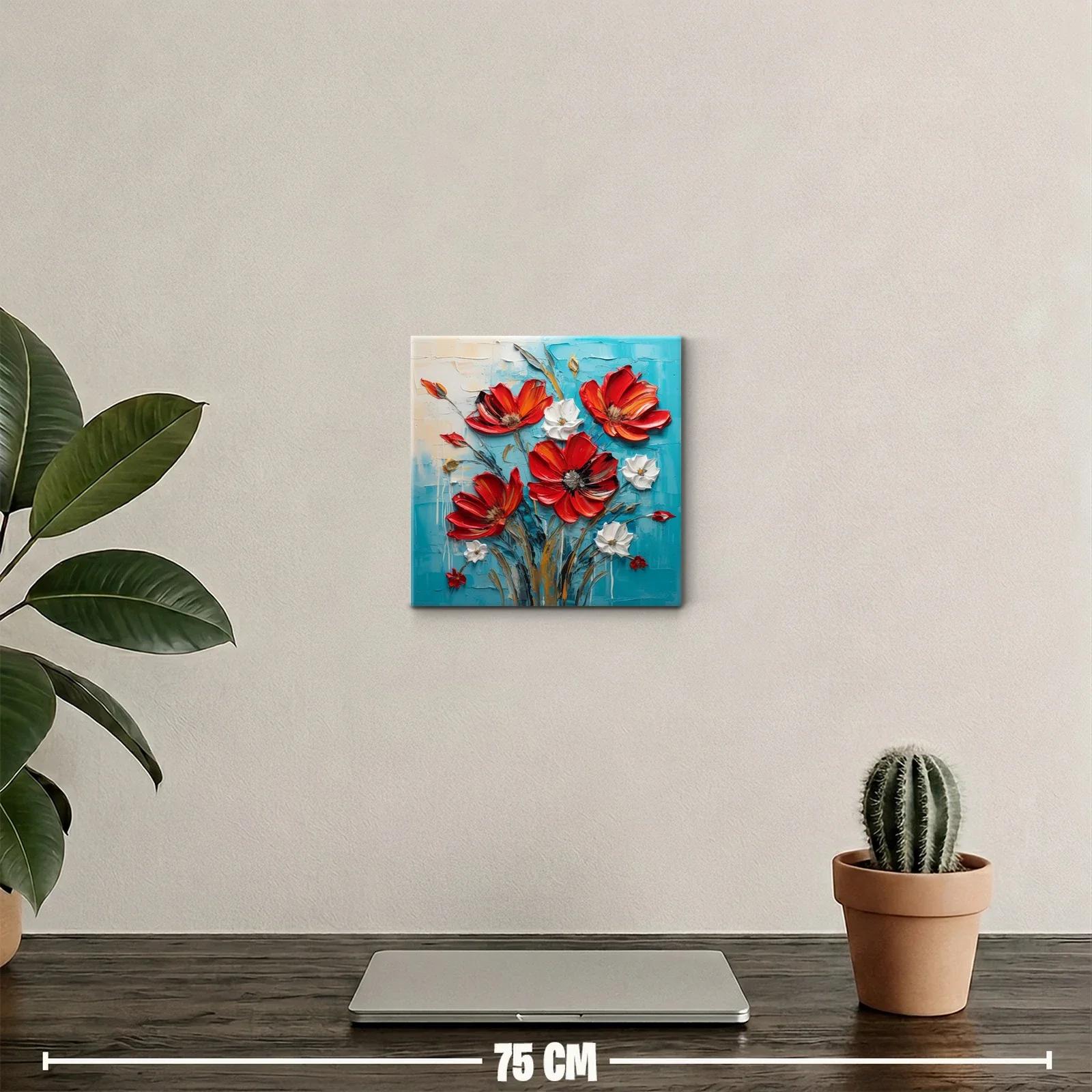 Cuadro floral vibrante con flores rojas y blancas sobre fondo azul — miniatura 2