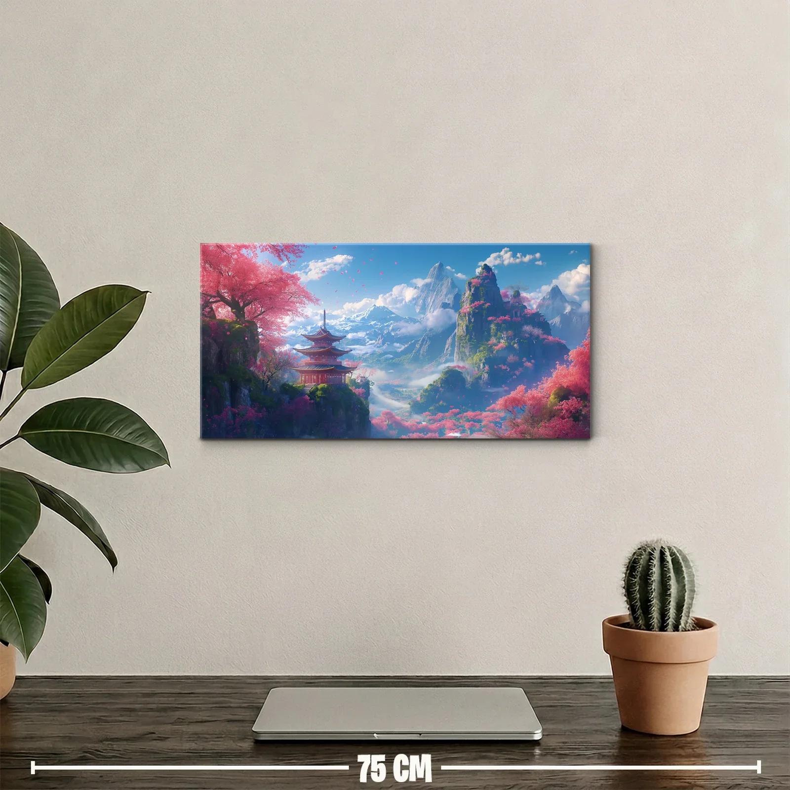 Cuadro paisaje asiático con pagoda rodeada de niebla y picos altos — miniatura 2