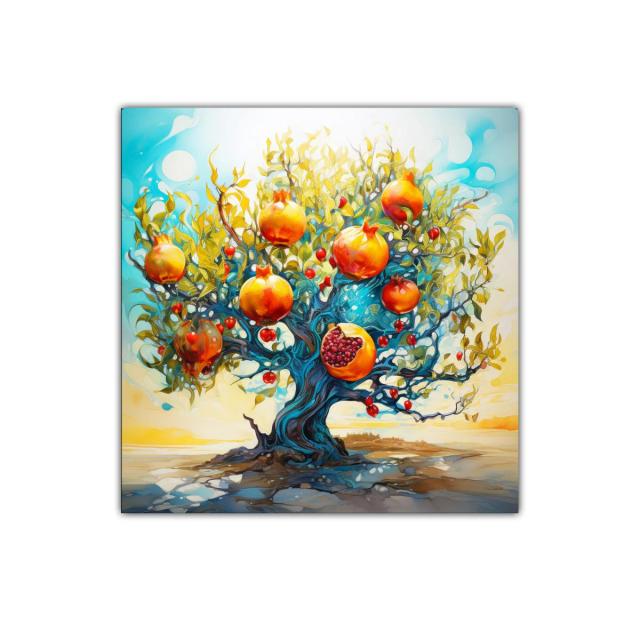 Árbol de granadas vibrantes en paisaje surrealista