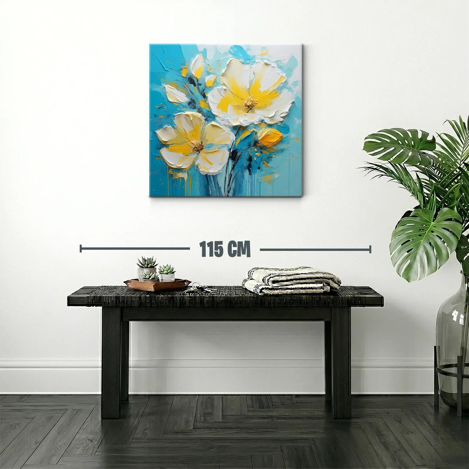 Cuadro floral en tonos amarillos y azul turquesa vibrante — miniatura 2