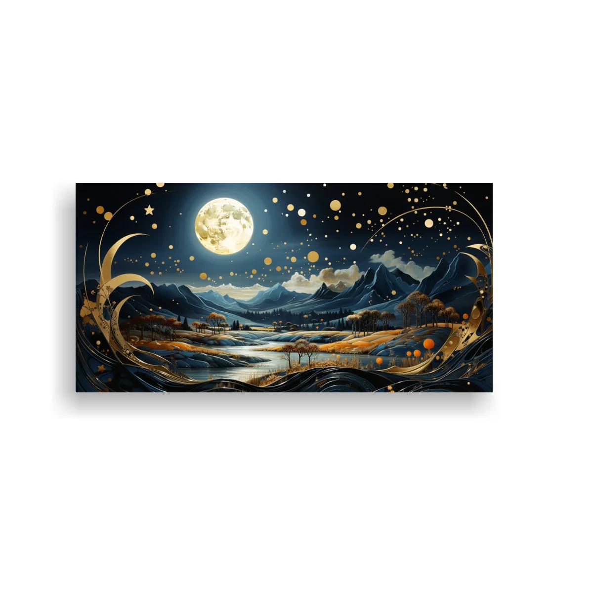 Cuadro paisaje montañoso con luna llena y detalles dorados