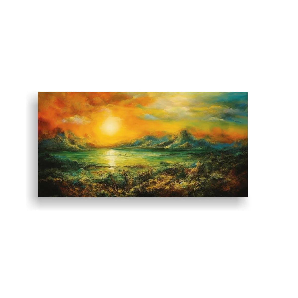 Cuadro paisaje de lago al atardecer con sol bajo