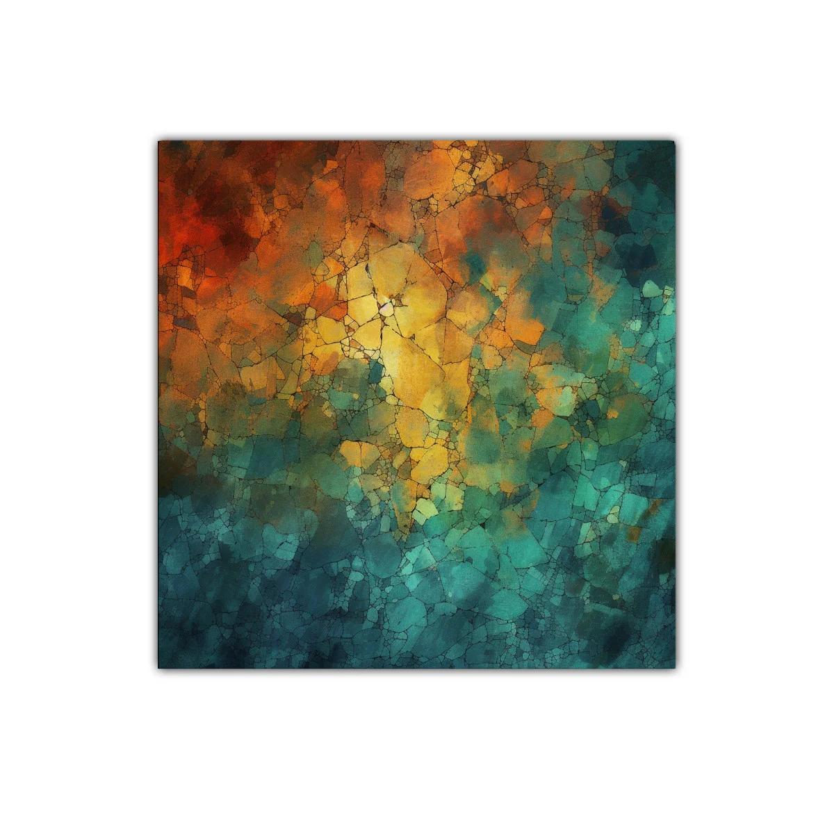 Cuadro abstracto con tonos cálidos y fríos entrelazados