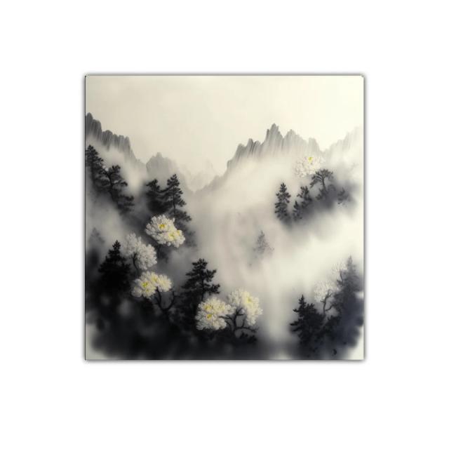 Paisaje de montaña con flores blancas y bruma etérea