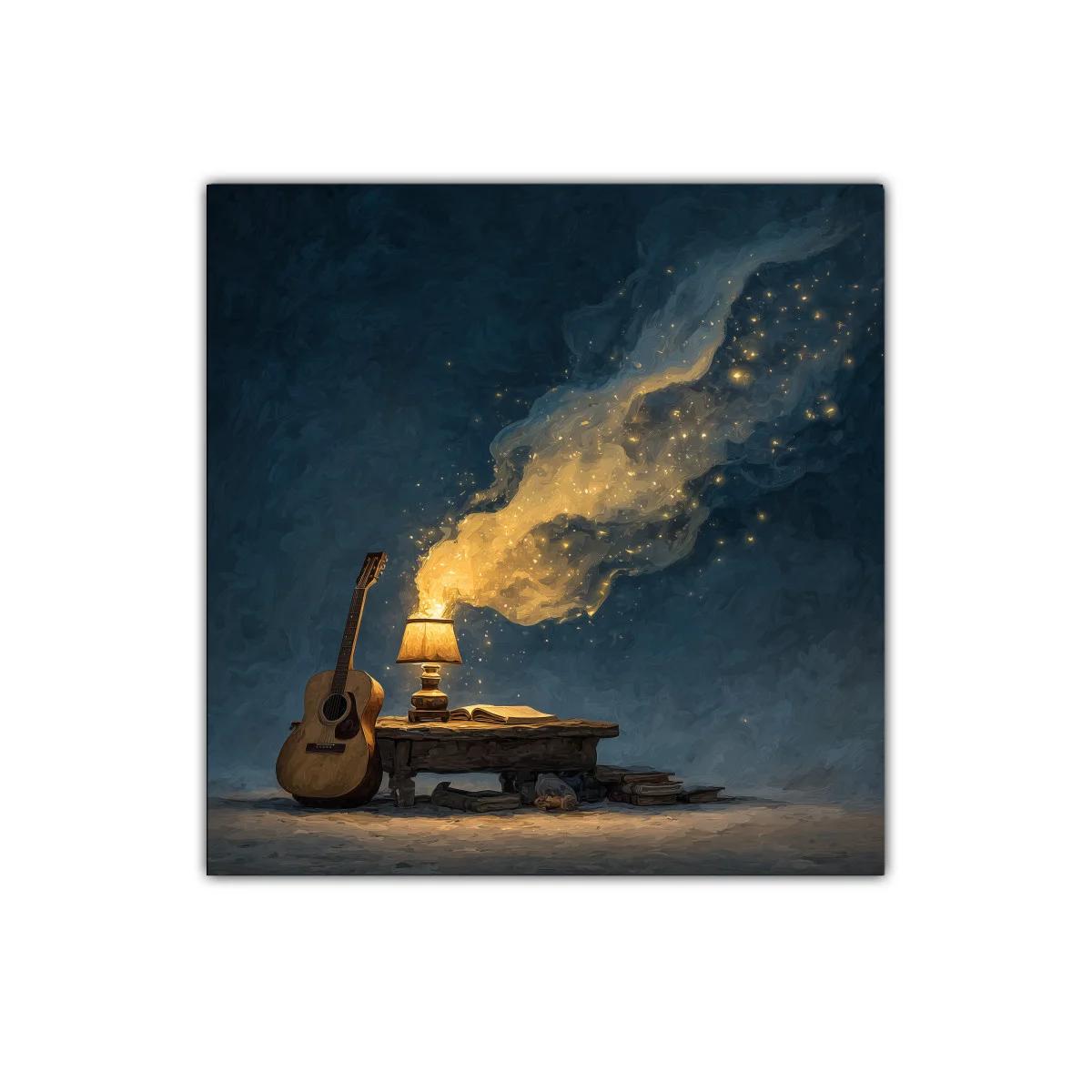 Guitarra y lámpara con humo mágico iluminando el espacio — imagen principal