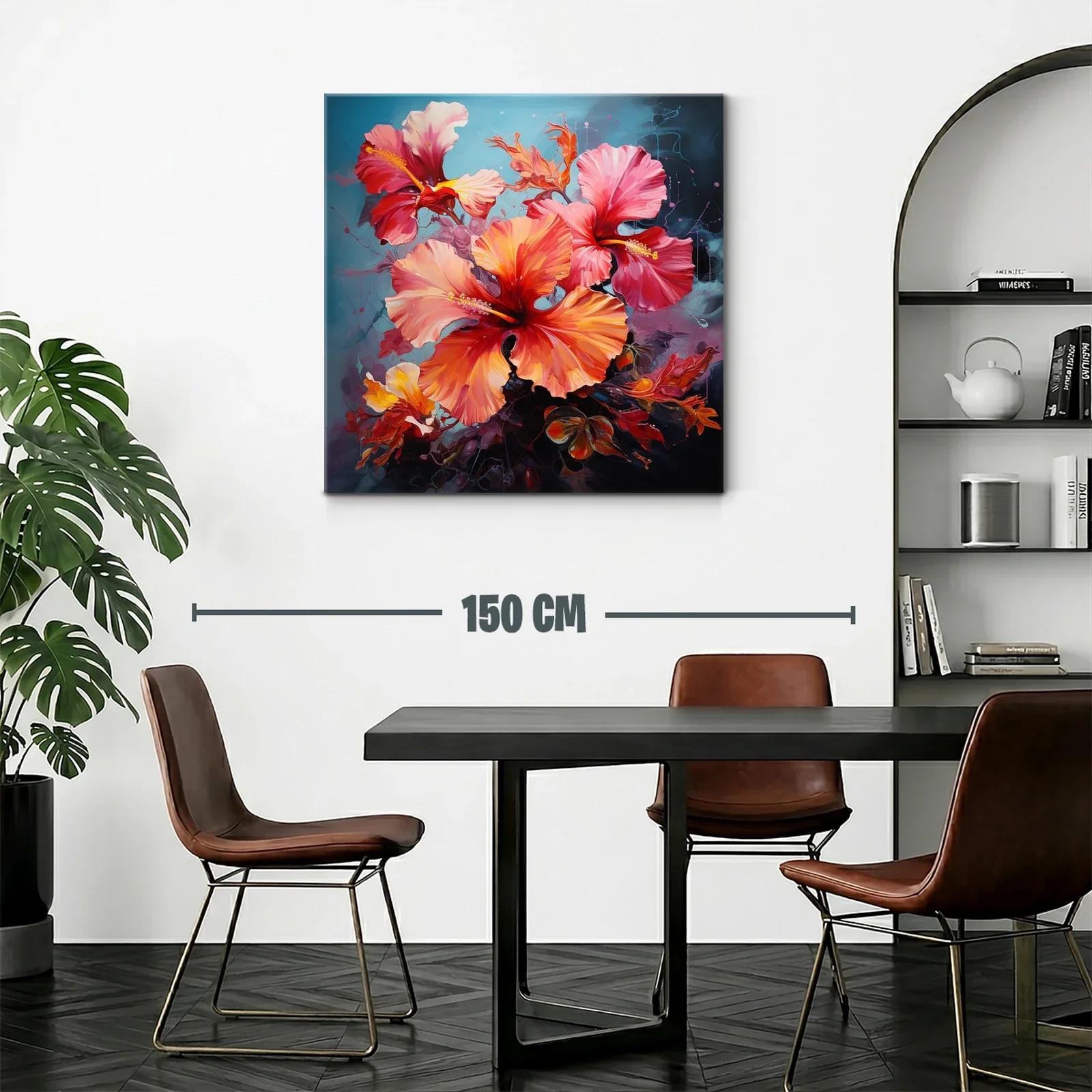 Cuadro floral con vibrantes tonos cálidos y fondo azul — miniatura 2