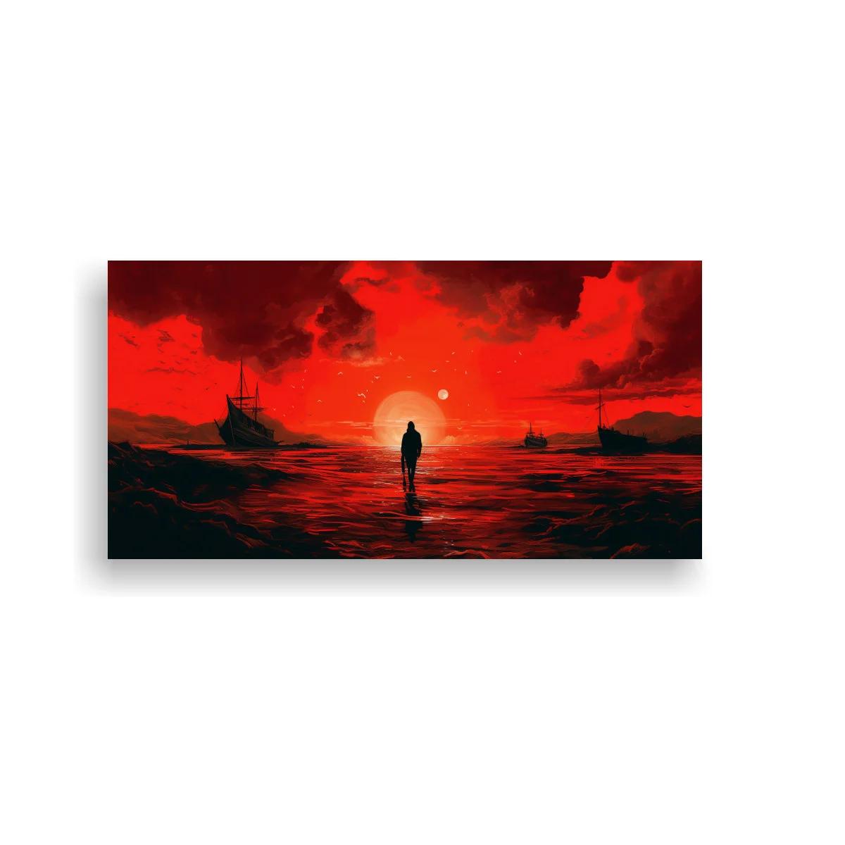 Cuadro figura solitaria al atardecer con dos veleros