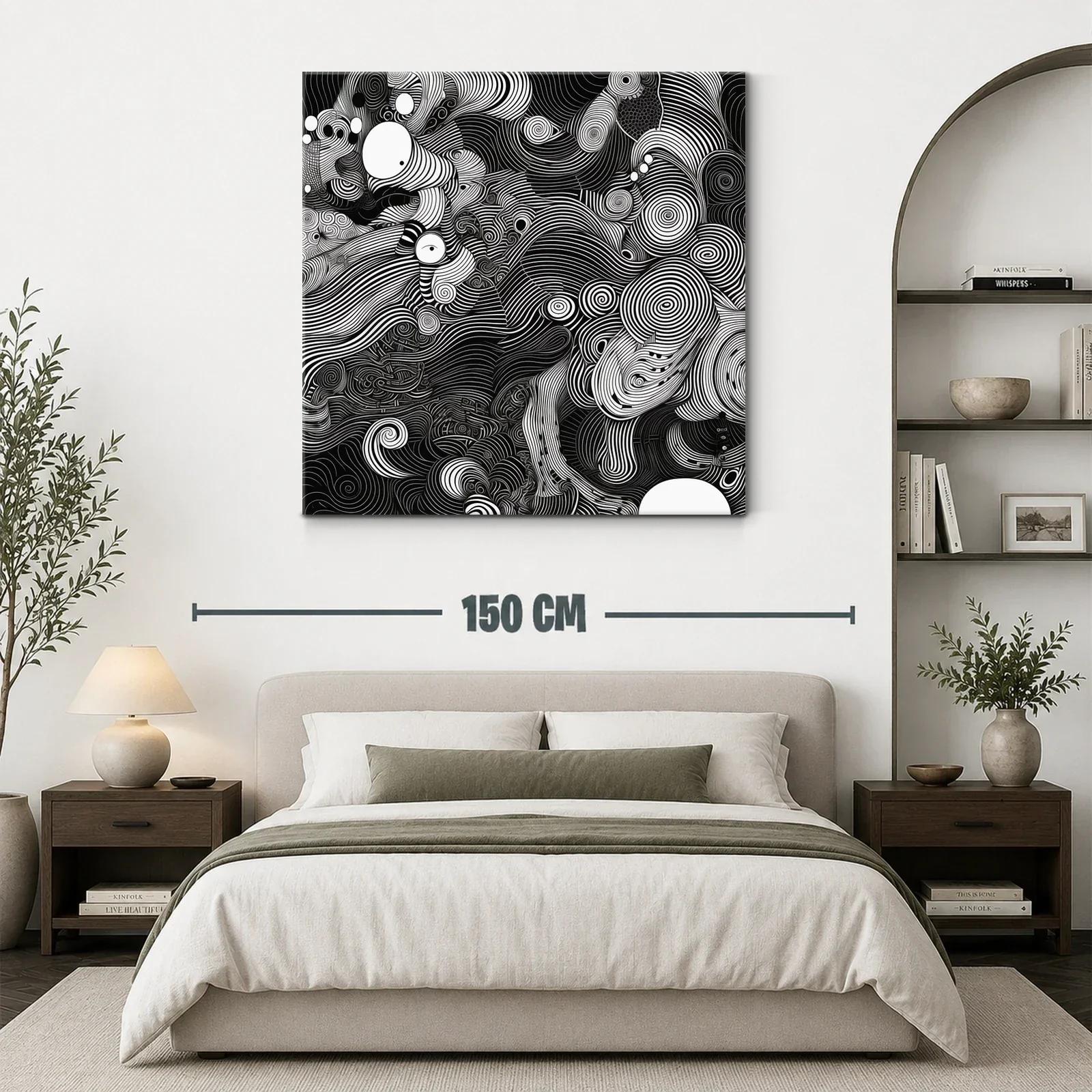 Cuadro abstracto en blanco y negro con líneas onduladas y espirales — miniatura 3