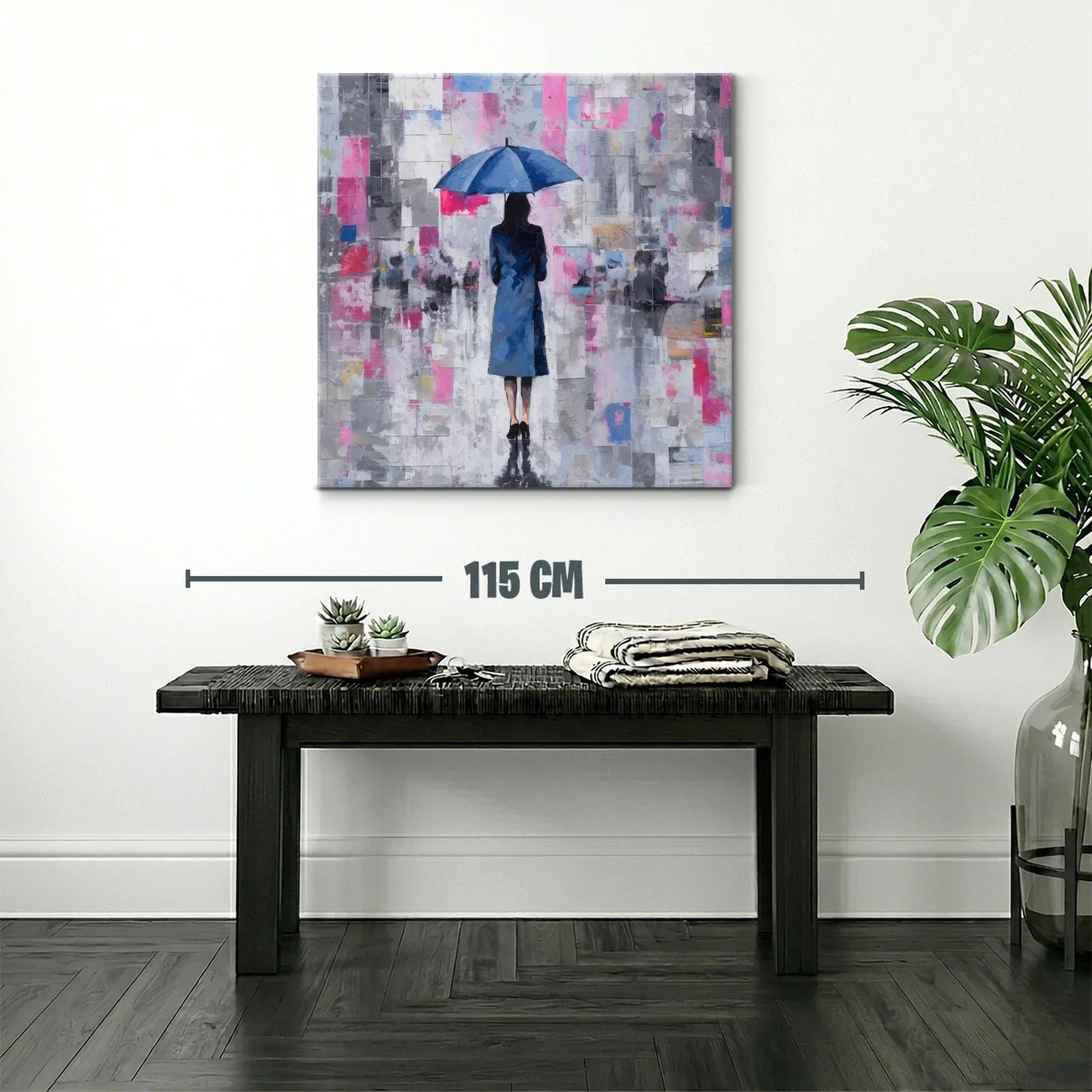 Mujer con paraguas azul en paisaje urbano abstracto — miniatura 2