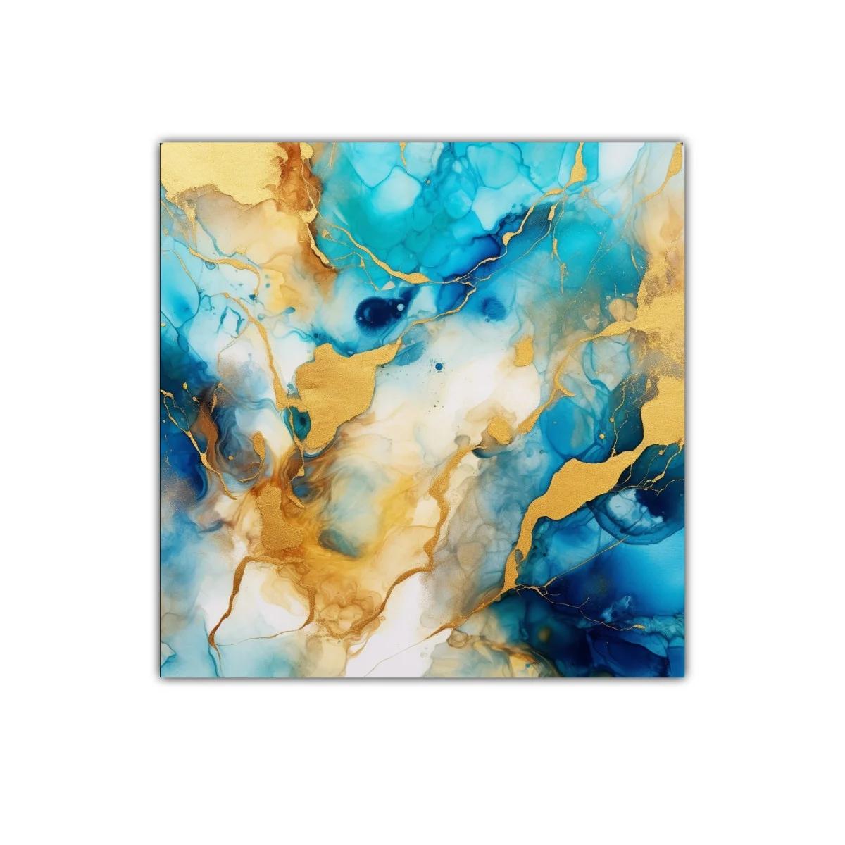 Cuadro abstracto con tonos azules y dorados vibrantes
