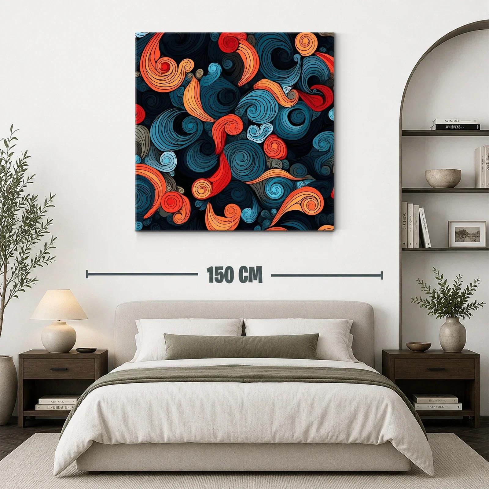 Cuadro abstracto con remolinos en tonos cálidos y fríos — miniatura 3