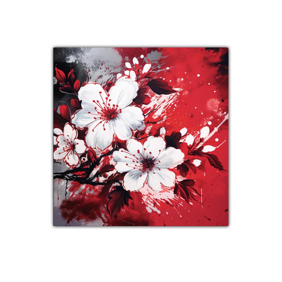 Flores blancas vibrantes sobre fondo rojo y negro moderno — imagen principal