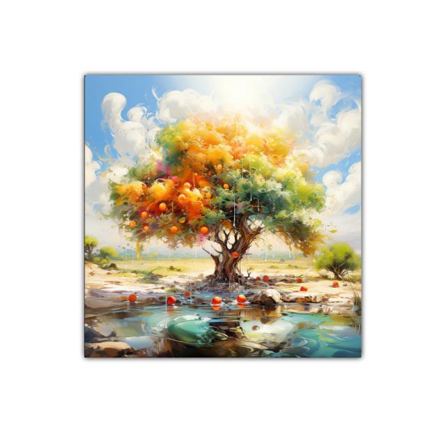 Árbol multicolor entre luz y reflejos de agua
