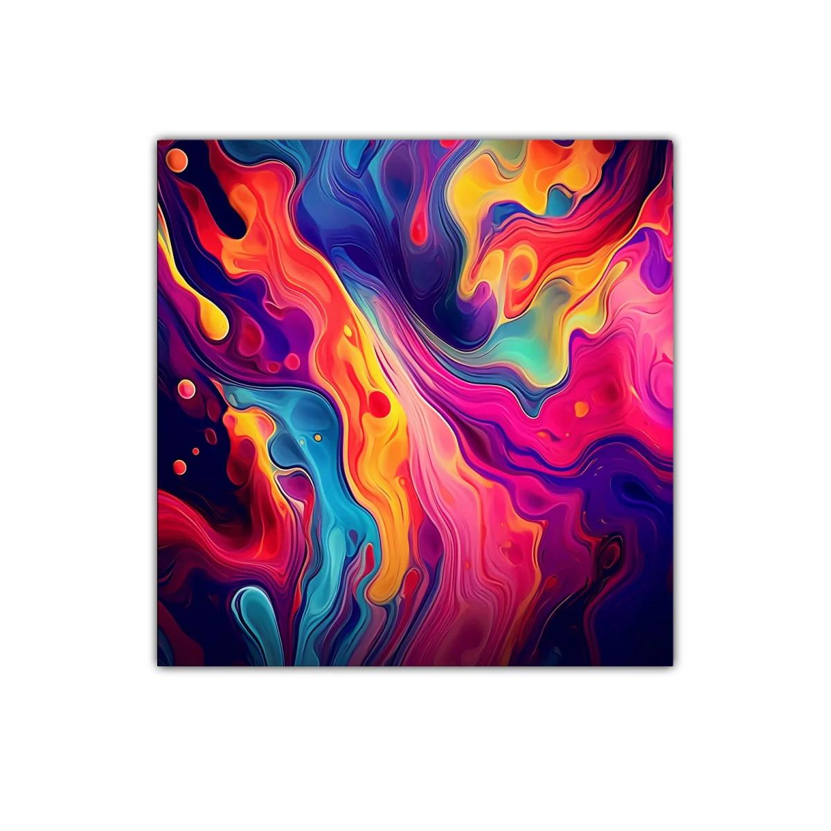 Cuadro abstracto con vibrantes tonos rojo naranja y azul