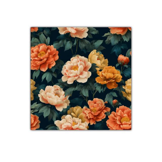 Cuadro floral con peonías en tonos cálidos y fondo oscuro