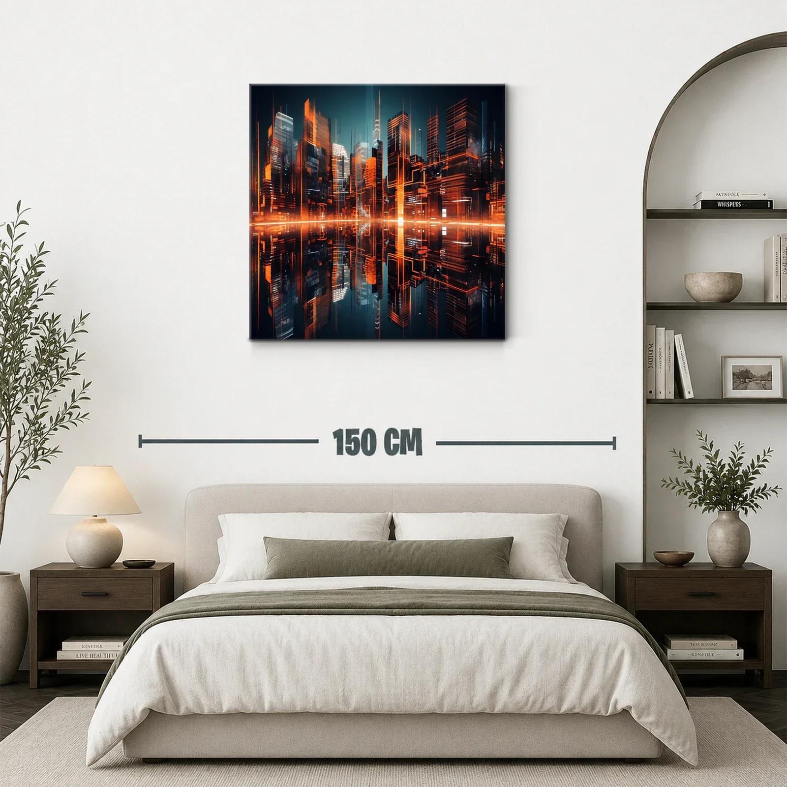 Ciudad futurista iluminada con reflejos naranjas vibrantes — miniatura 3
