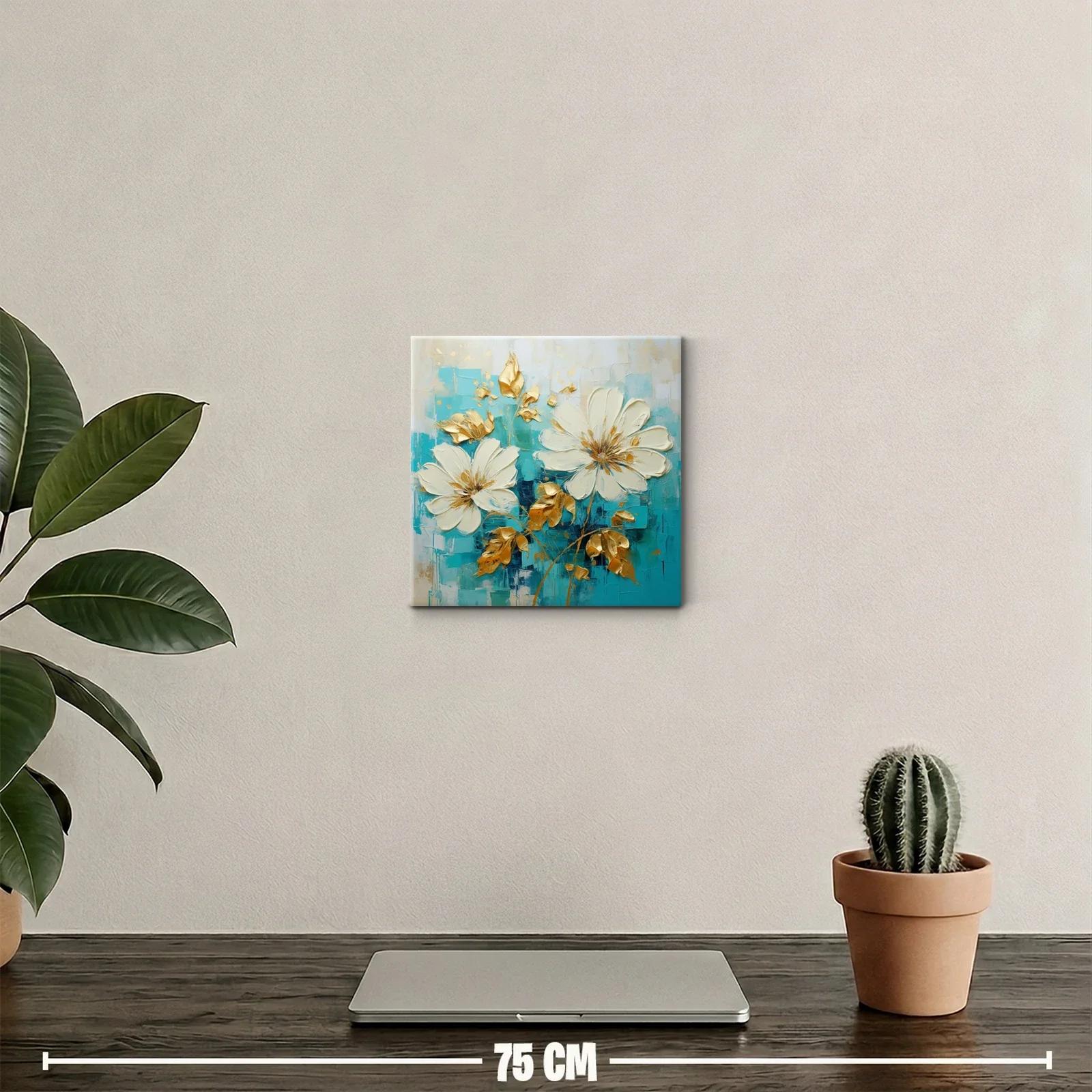 Cuadro floral con pinceladas doradas y fondo turquesa — miniatura 2