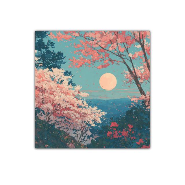 Paisaje de cerezos en flor bajo luna llena