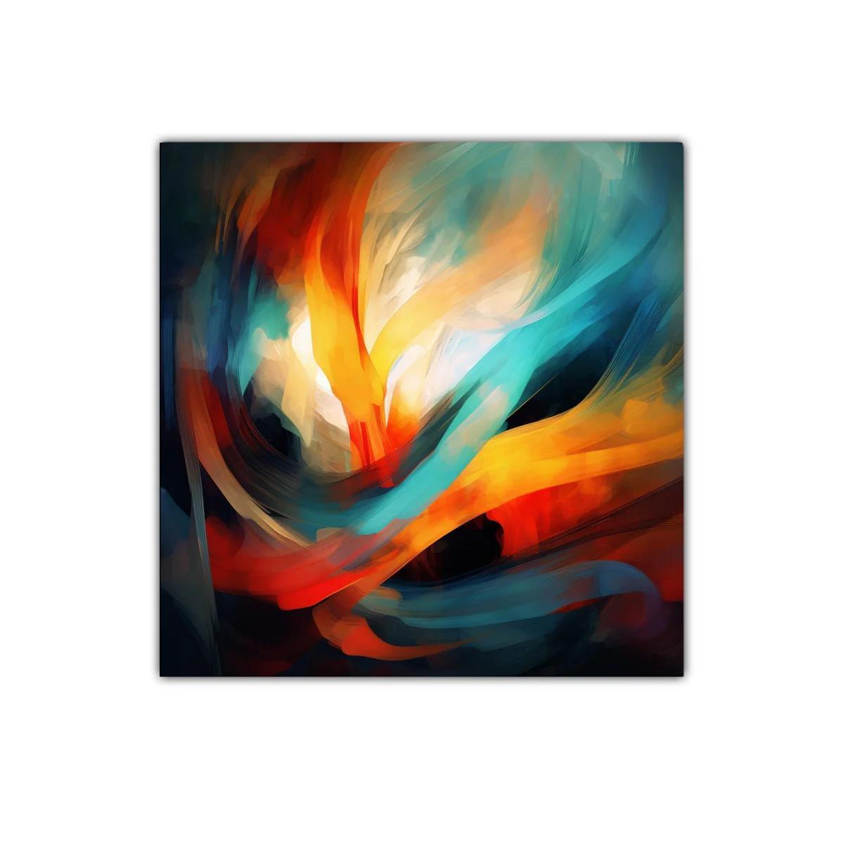 Cuadro abstracto con vibrantes tonos cálidos y fríos en movimiento