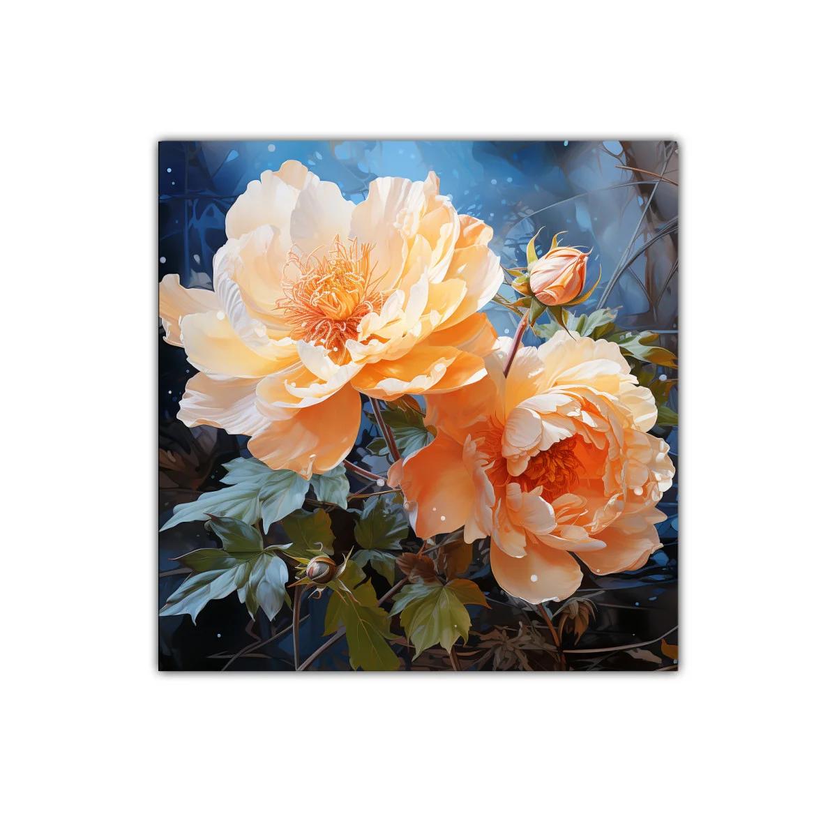 Cuadro con delicadas flores en tonos durazno y azul noche — imagen principal