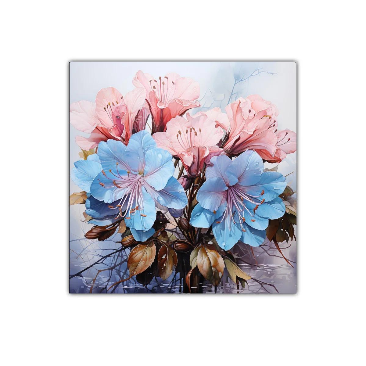 Cuadro decorativo con flores en tonos azul y rosa vibrante