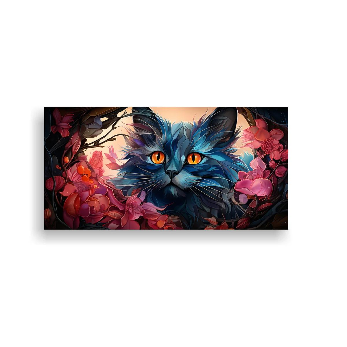 Cuadro gato de pelo largo azul con flores rosadas
