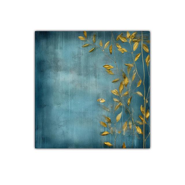 Cuadro decorativo elegante con hojas doradas sobre fondo azul