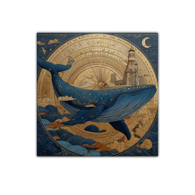 Impresionante ballena azul con faro y cielo estrellado