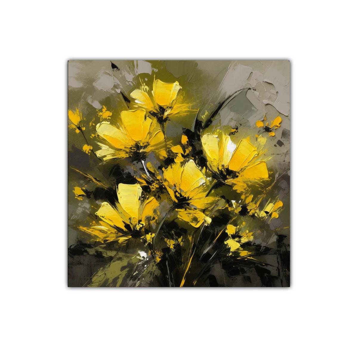 Cuadro decorativo con flores amarillas vibrantes sobre fondo oscuro