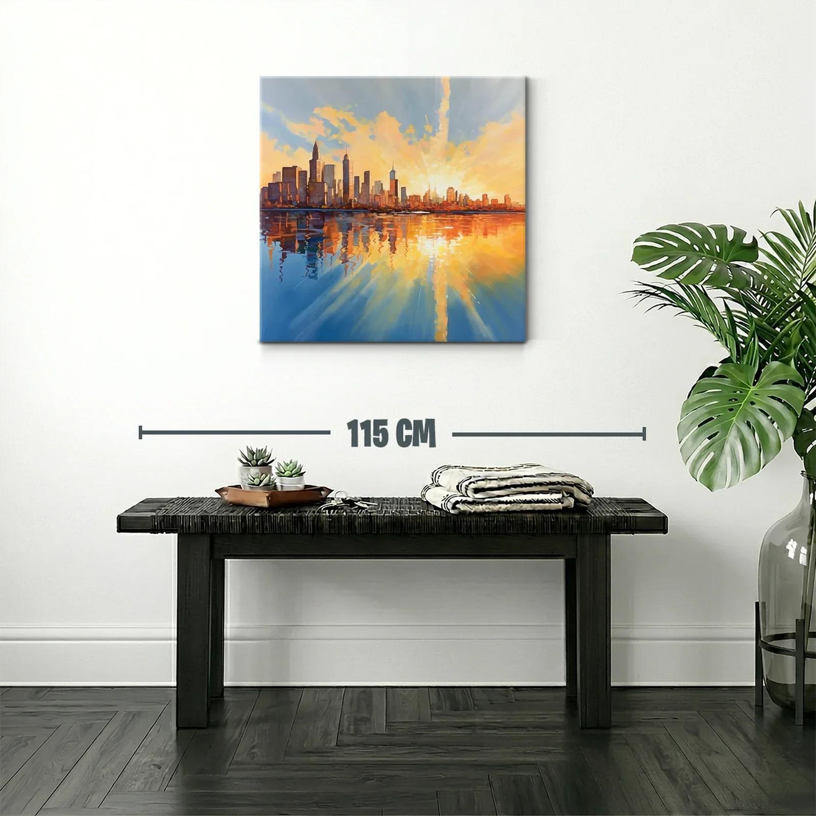 Atardecer vibrante sobre horizonte urbano reflejado en agua — miniatura 2