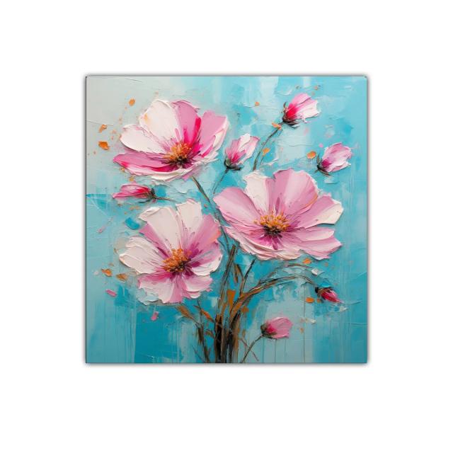 Cuadro flores rosas sobre fondo azul vibrante y texturizado