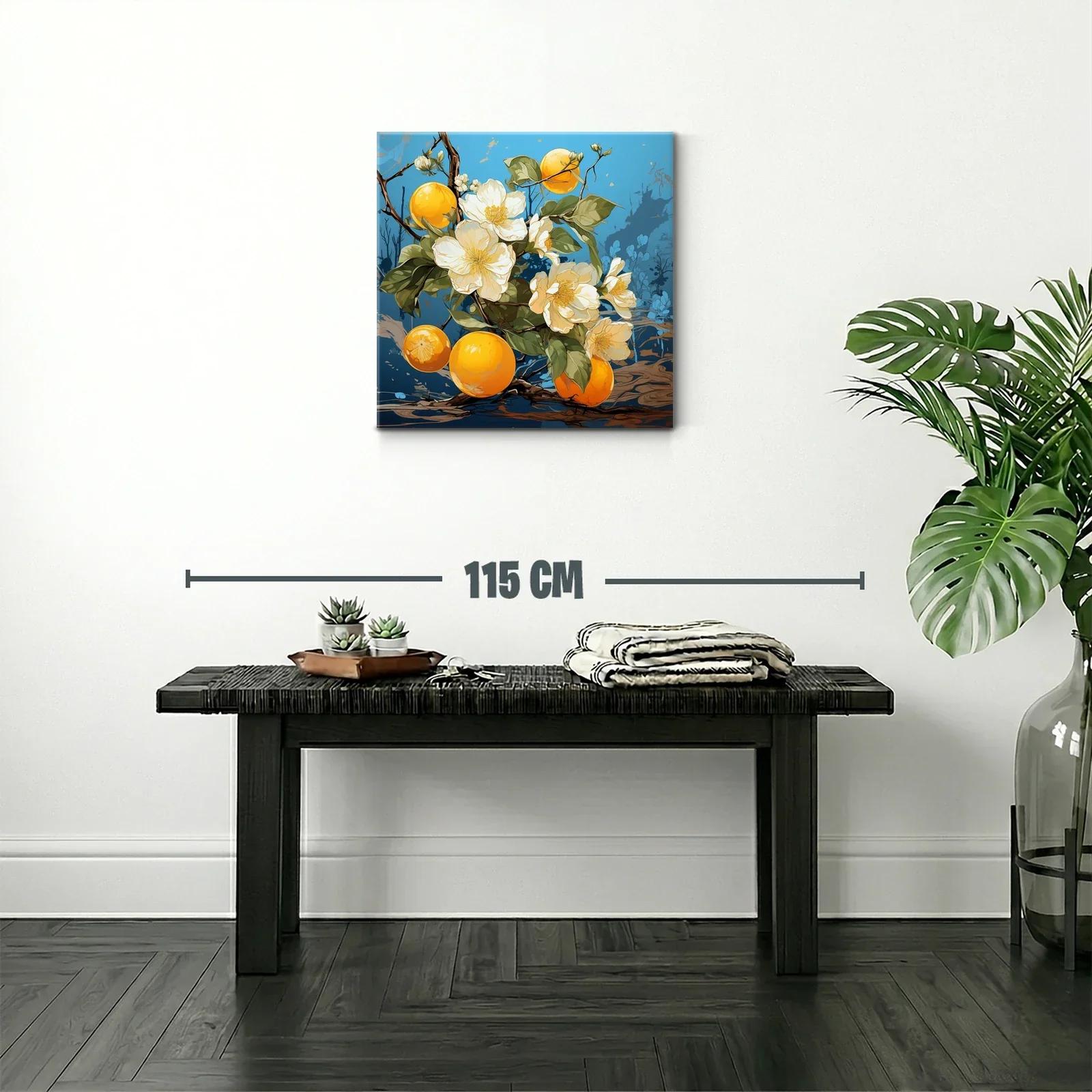 Flores blancas y frutas naranjas en fondo azul vibrante — miniatura 2
