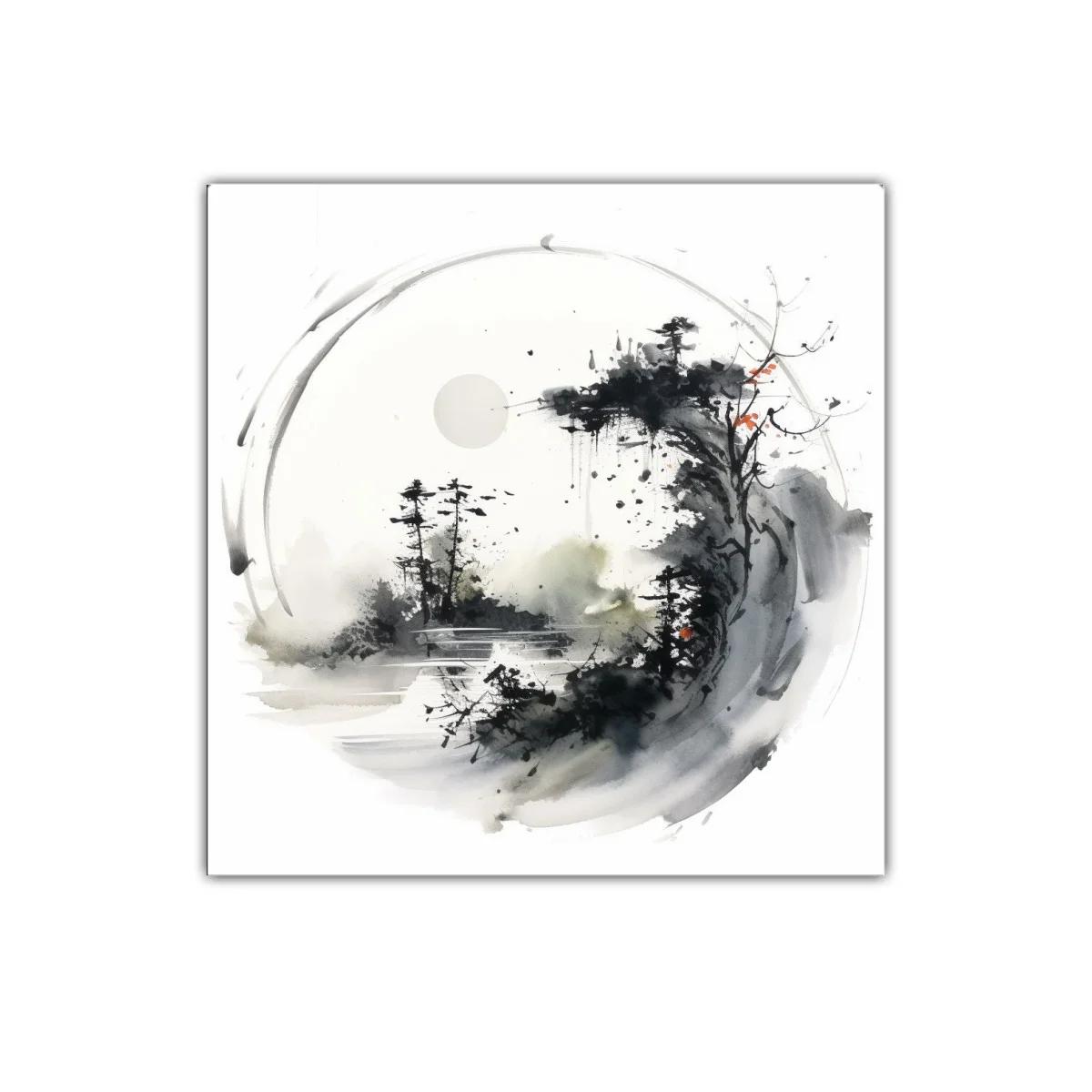 Paisaje abstracto con bosque y luna en tonos neutros