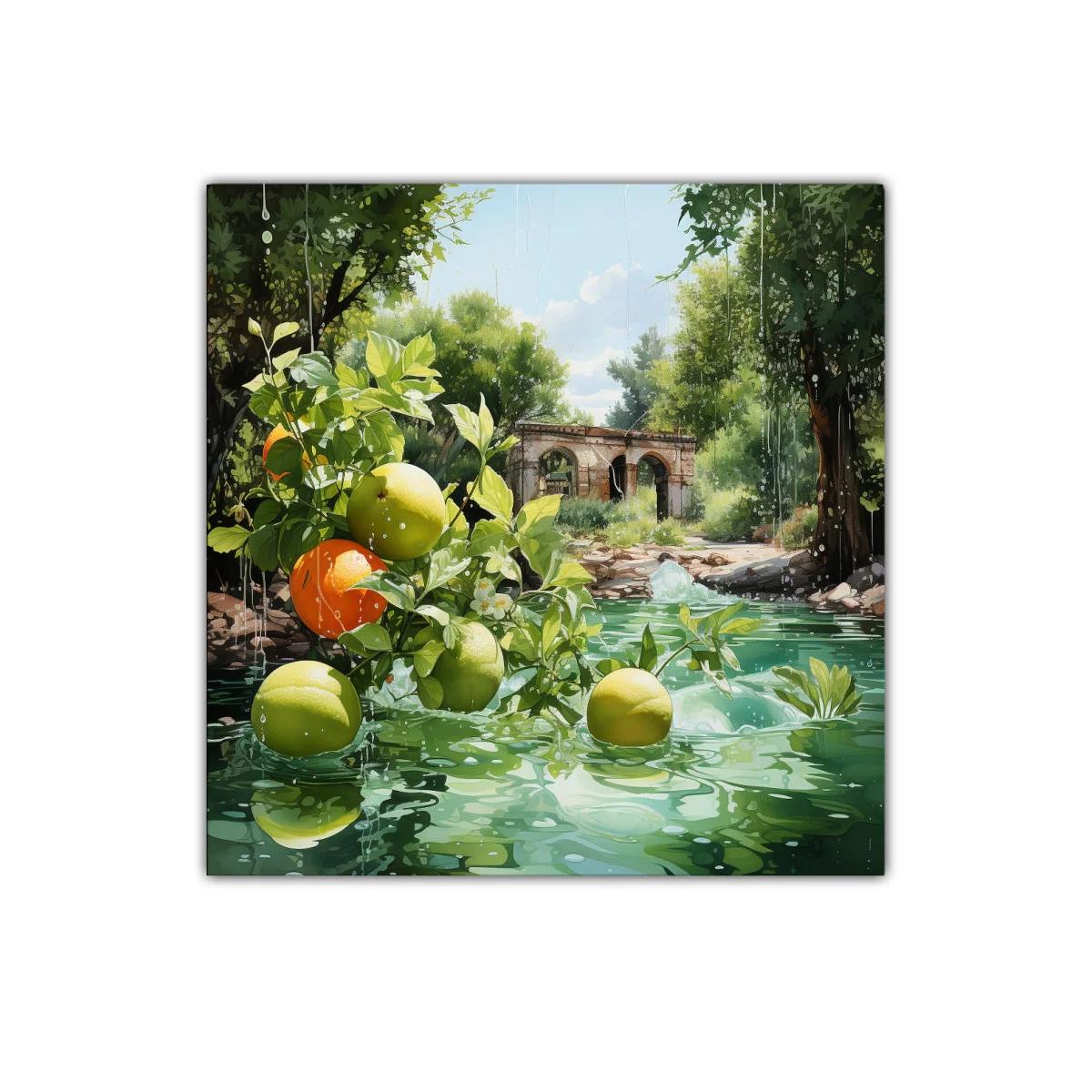 Naturaleza fresca con frutas y paisaje rústico