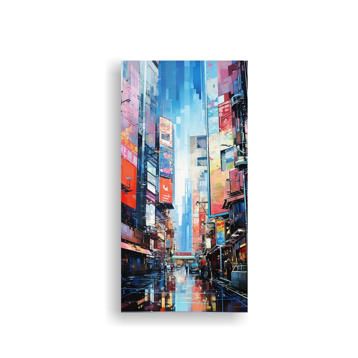 Cuadro calle urbana con carteles luminosos y reflejos — imagen principal