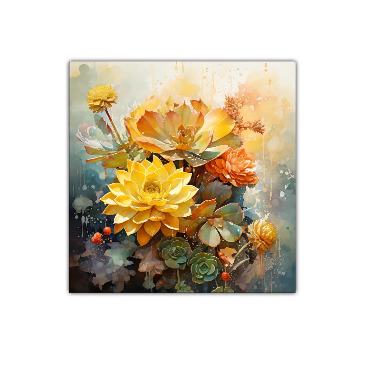 Cuadro decorativo con flores suculentas en tonos cálidos