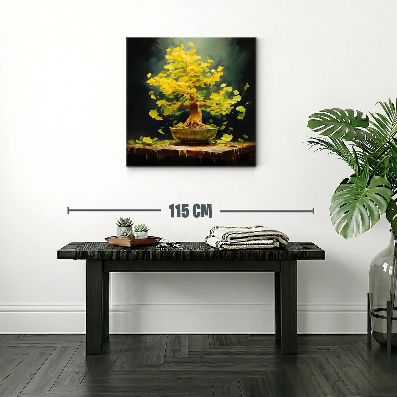 Árbol bonsái con hojas doradas vibrantes sobre mesa rústica — miniatura 2