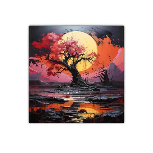 Árbol esplendoroso con luna llena y reflejos vibrantes