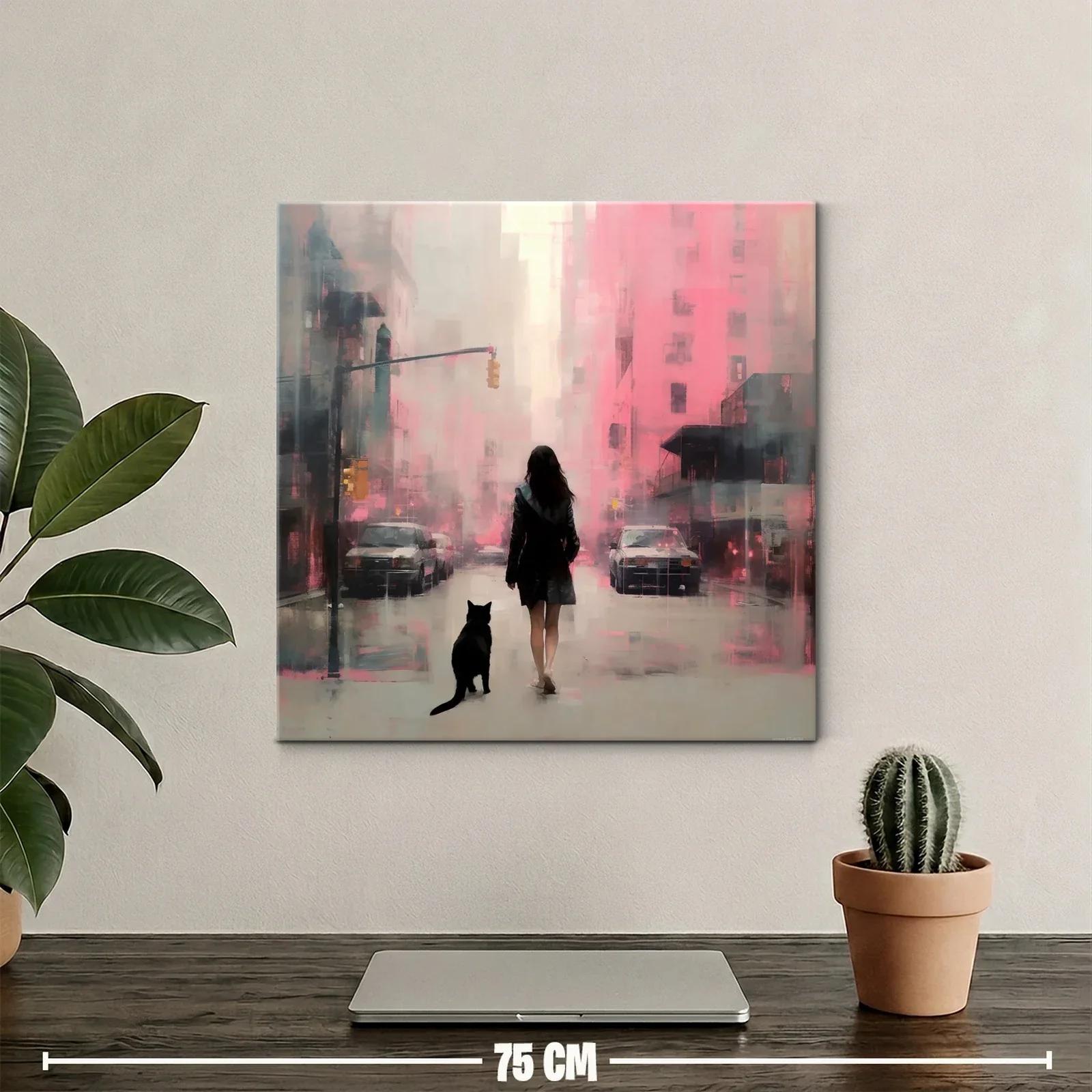 Calle urbana con figura femenina y gato en tonos rosas — miniatura 2
