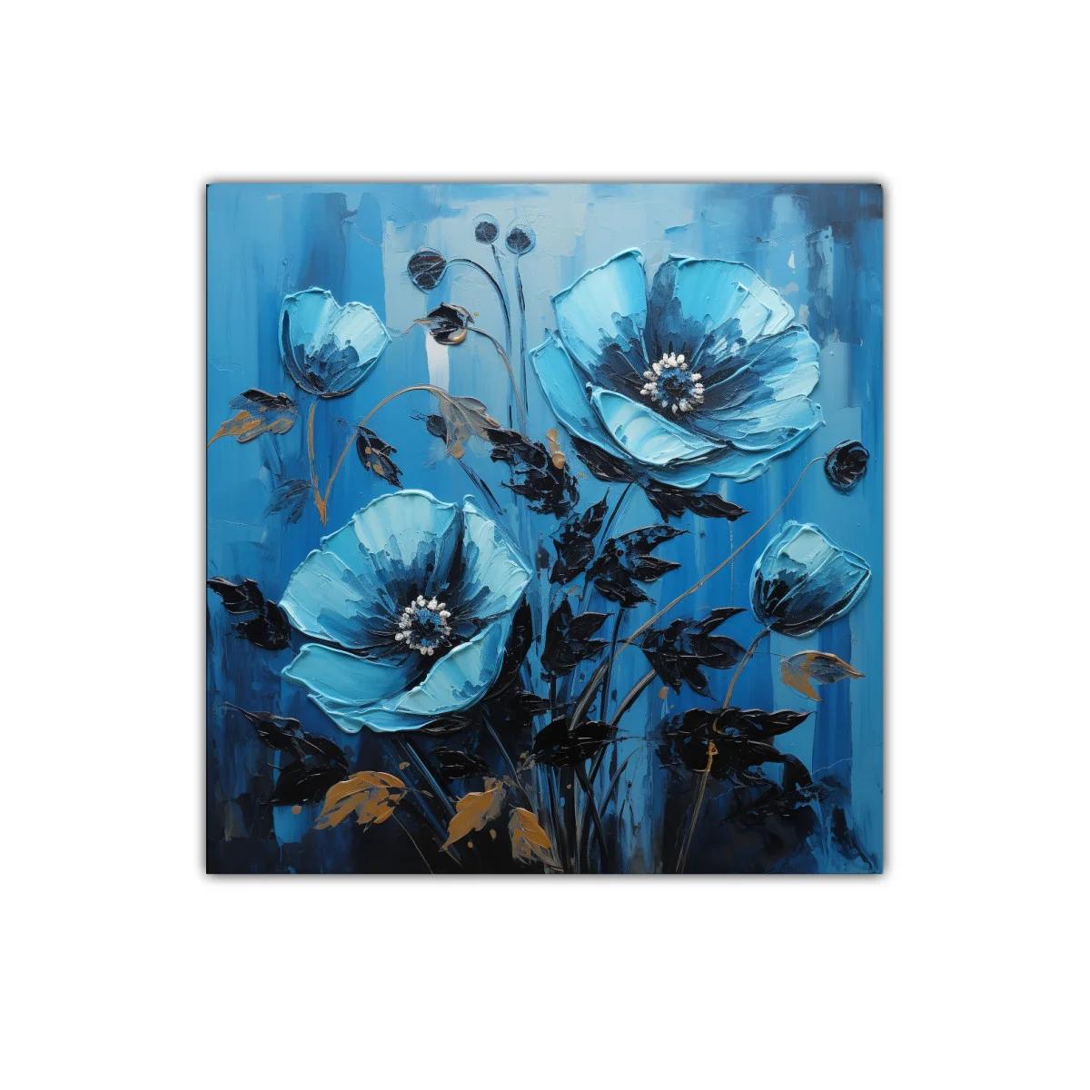 Cuadro floral en tonos azul y negro con detalles dorados